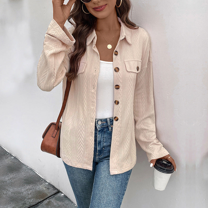Women's Textured Overshirt Jacket with Zigzag Structure, Chest Pockets and Loose Fit Chichicherry