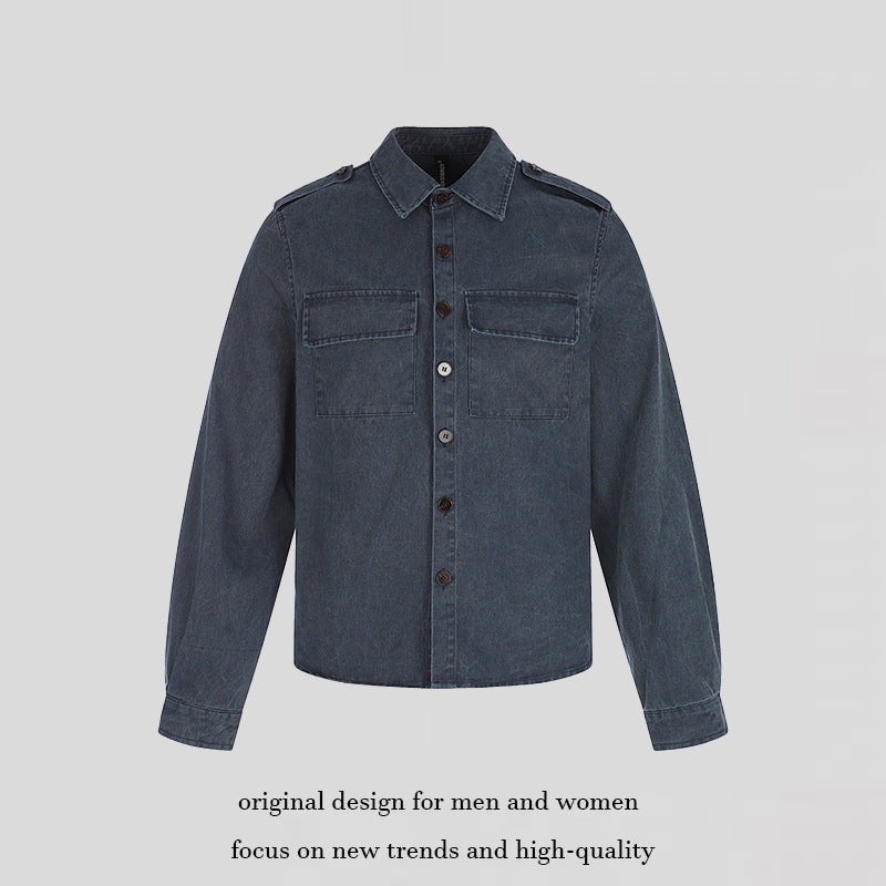Women's Oversized Utility-Style Denim Shirt Jacket with Shoulder Straps and Patch Chest Pockets Chichicherry