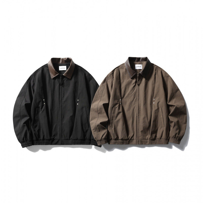 Men's loose-fitting zip jacket with contrast collar made of faux leather and elastic hem Chichicherry