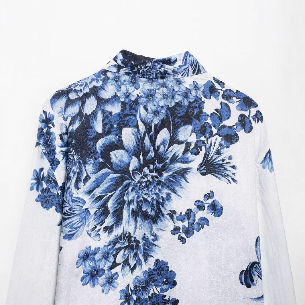 Women's Loose Shirt with Floral Allover Print and Continuous Button Placket Chichicherry