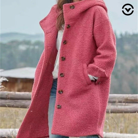 Women's Boucle Hoodie Coat in Oversized Cut with Concealed Button Placket Chichicherry