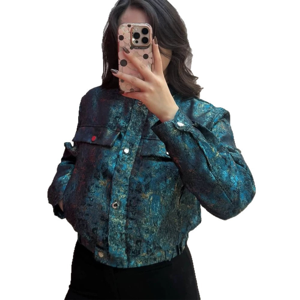 Women's Short Jacket in Metallic Jacquard with Snap Button Placket and Flap Pockets Chichicherry