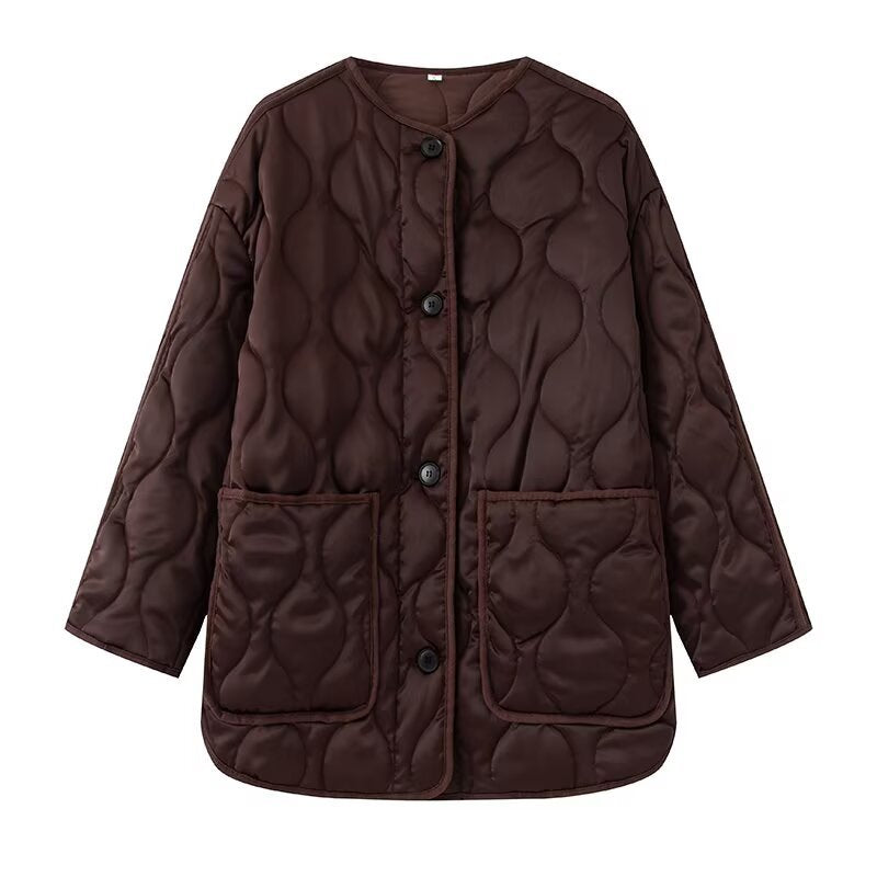 Women Longline Quilted Jacket with Round Neck, Button Placket and Patch Pockets Chichicherry