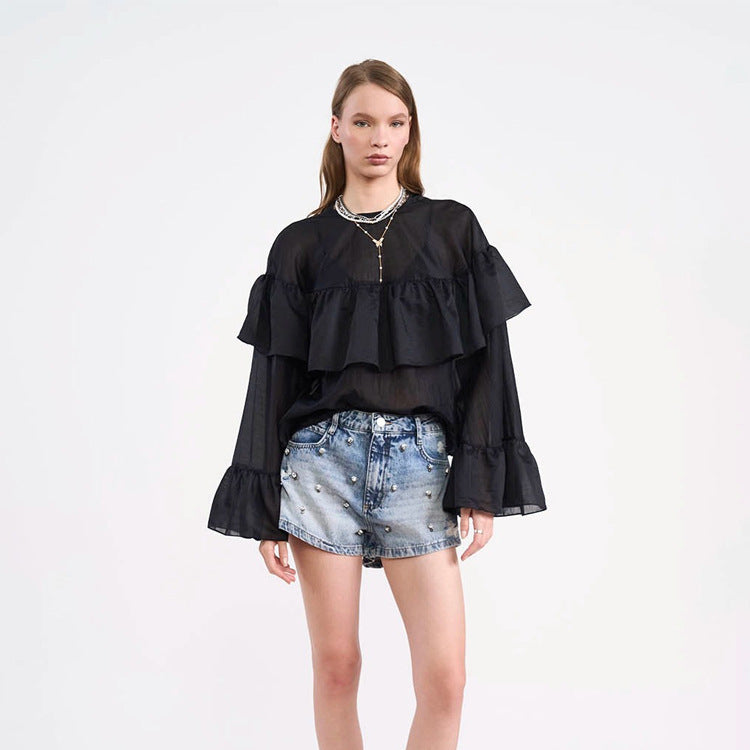 Women's Transparent Ruffle Blouse with Double Ruffle and Bell Sleeves Chichicherry