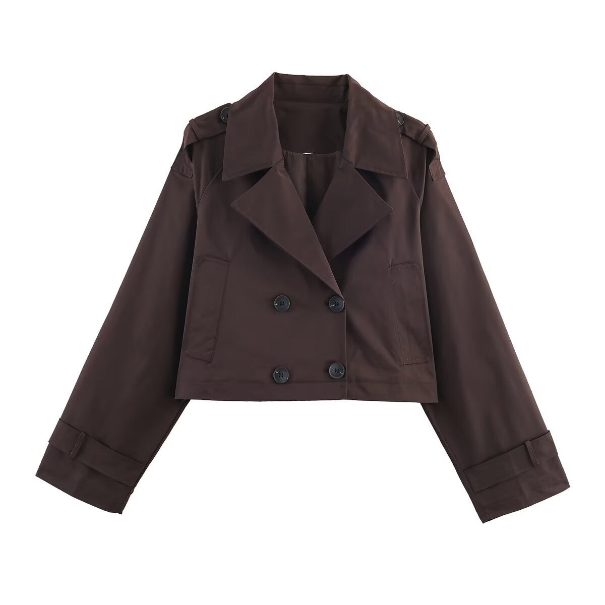 Women's Cropped Double-Breasted Trench Coat with Wide Lapels, Epaulettes and Boxy Cut Chichicherry