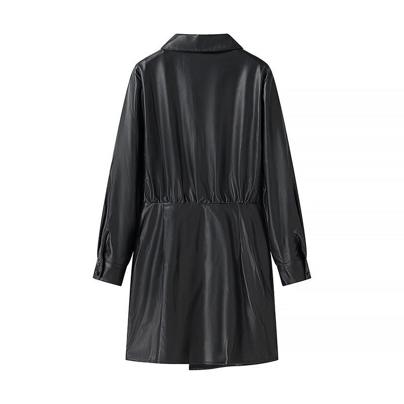 Women's Wrap Faux Leather Mini Dress with Shirt Collar, Gathered Waistline and Cuffs Chichicherry