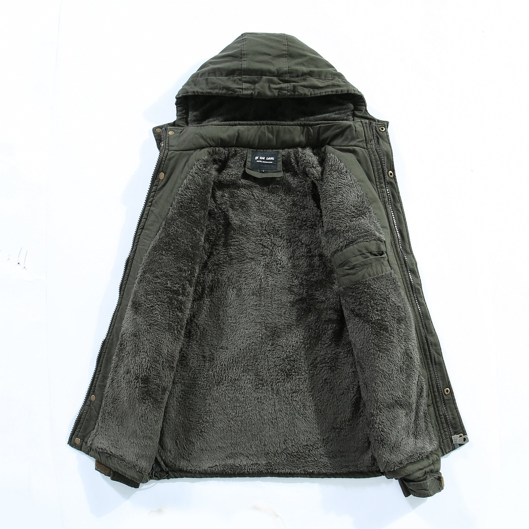 Men's longer parka with teddy lining, detachable hood, and utility details Chichicherry