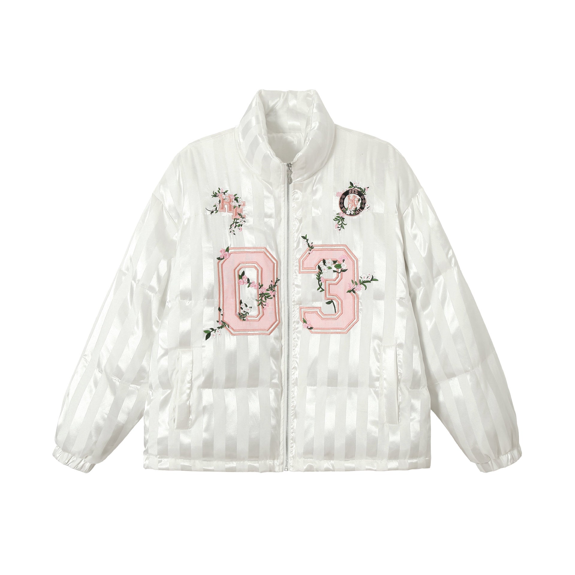 Women's Boxy Quilted Satin Puffer Jacket with Floral Embroidery Detail Chichicherry