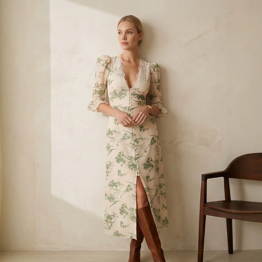 Women Floral Midi Dress with Lace V-Neck, Fitted Waist Seam and Pearl Button Placket Chichicherry