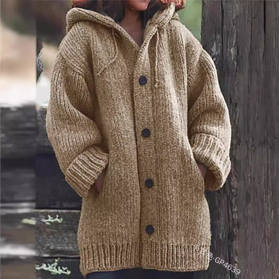 Women's loose-fitting hoodie knit coat with button placket and side pockets Chichicherry
