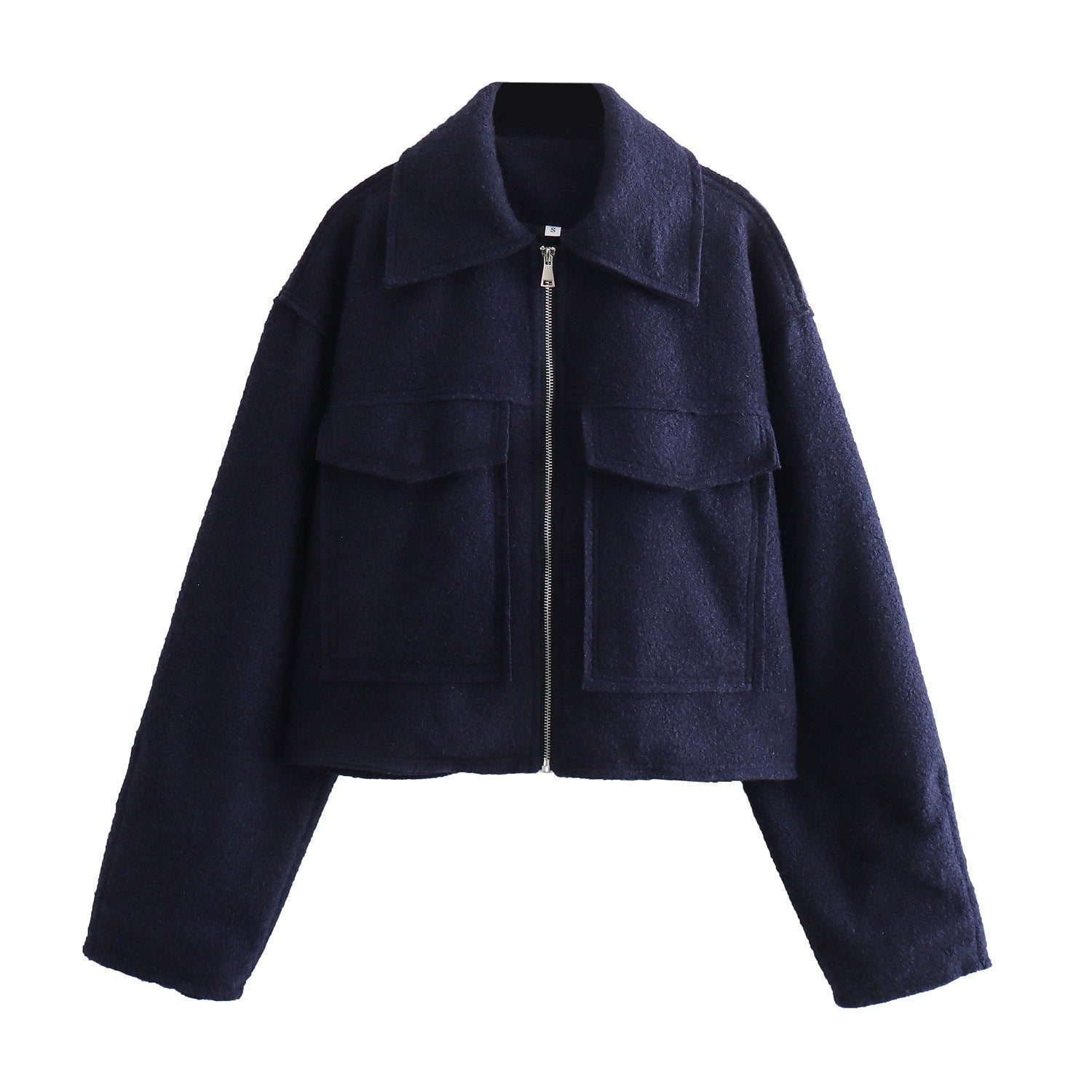 Women Short Boucle Jacket in Boxy Cut with Zip and Flap Pockets Chichicherry