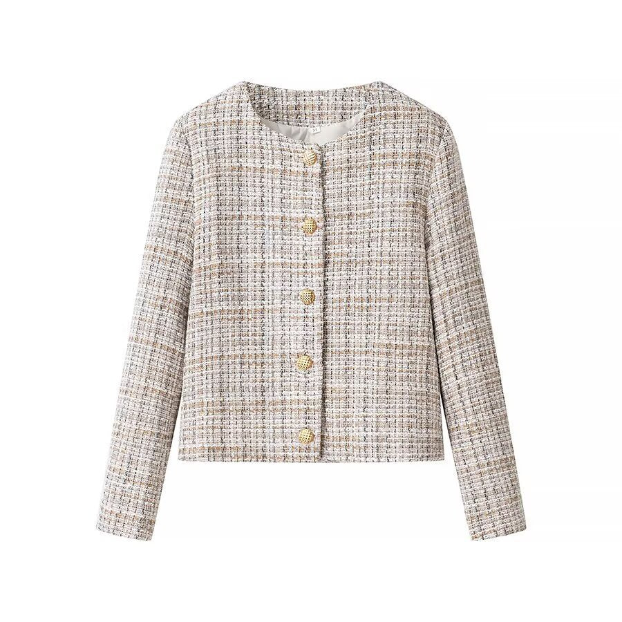 Ladies short jacket made of bouclé tweed with a round neckline and decorative gold buttons Chichicherry