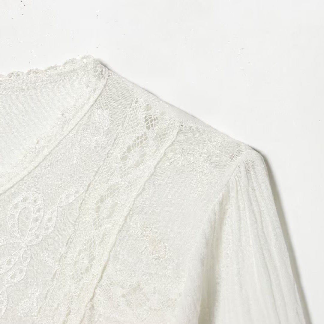 Women’s Light Embroidery Blouse with Lace Collar, Tie Waist and Button Placket Chichicherry