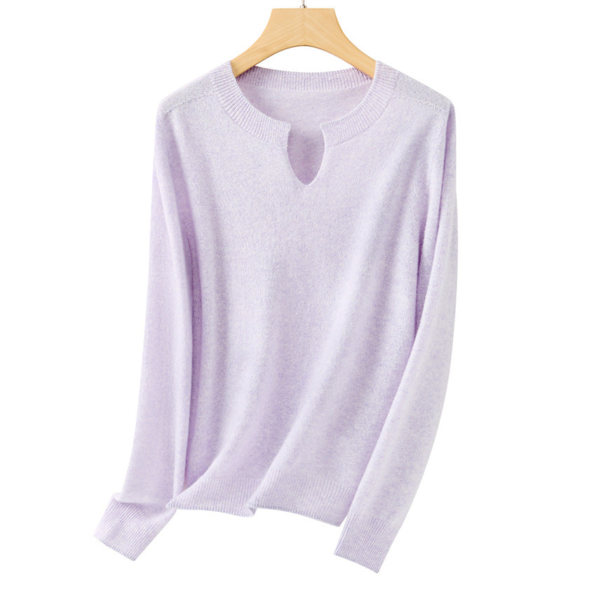 Women's Fine Knit Sweater with Notch Collar and Angora Look Chichicherry