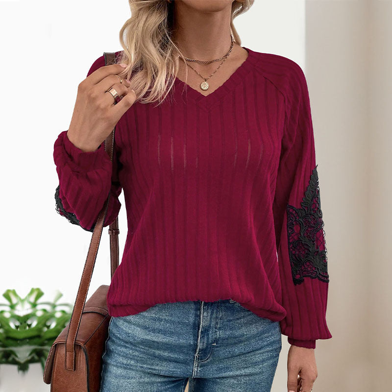 Women's Ribbed Long Sleeve with V-Neck, Lace Inserts at the Elbows and Balloon Sleeves Chichicherry