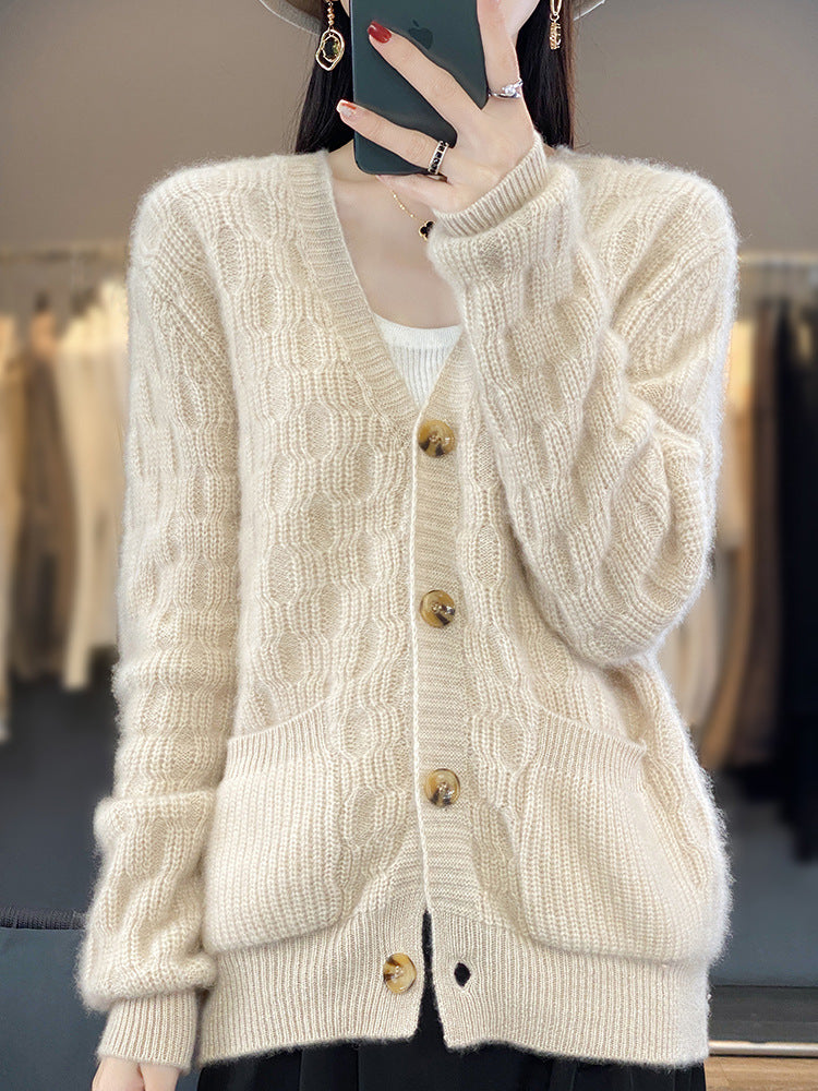 Women's Soft Angora-Look Cable Knit Cardigan with V-Neck and Patch Pockets Chichicherry