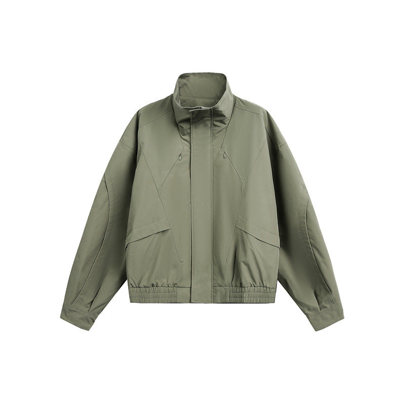 Unisex short jacket in minimalist tech fabric with funnel collar and concealed front placket Chichicherry