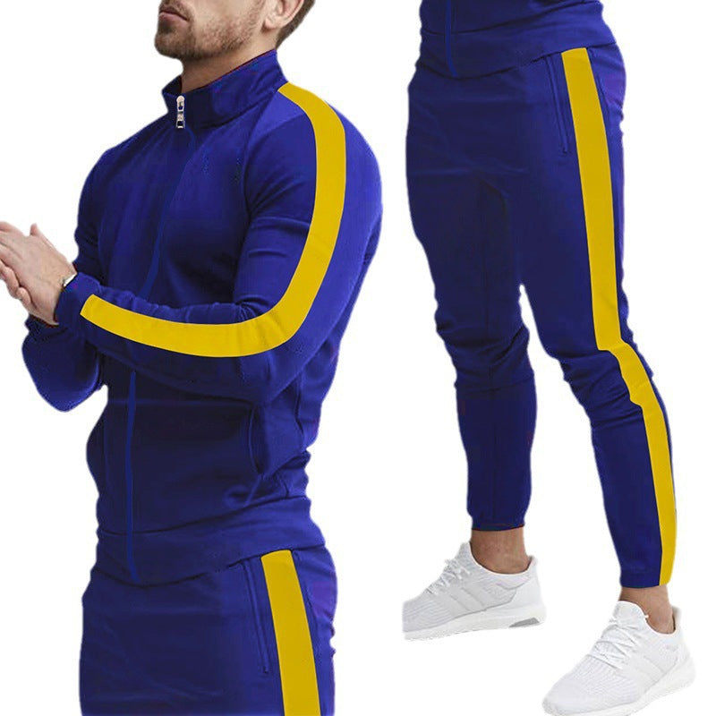 Men's Stylish Tapered Training Suit in Retro Stripe Look with Stand-Up Collar Chichicherry