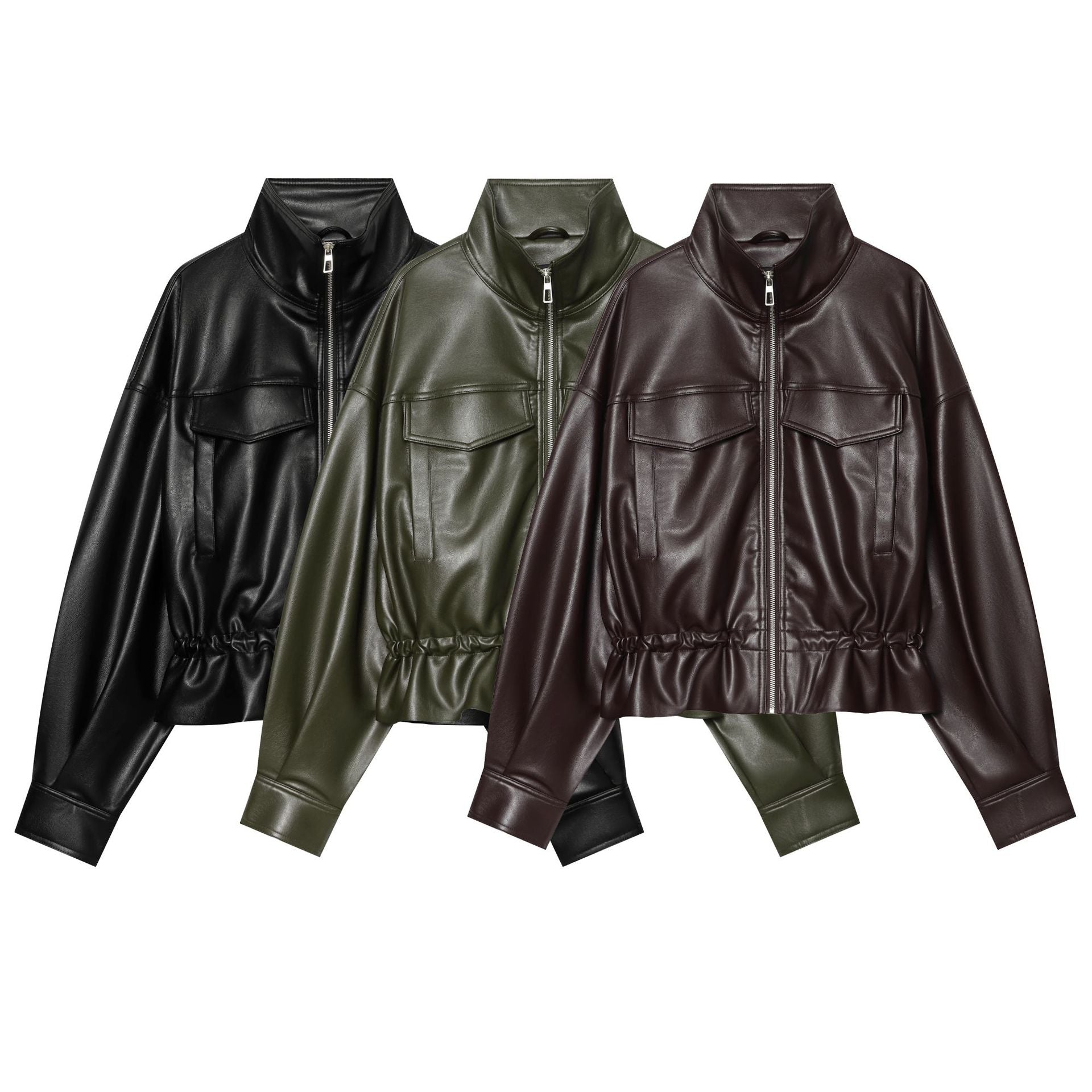 Women's Cropped Faux Leather Blouson with Drawstring, Patch Flap Pockets and High Stand Collar Chichicherry