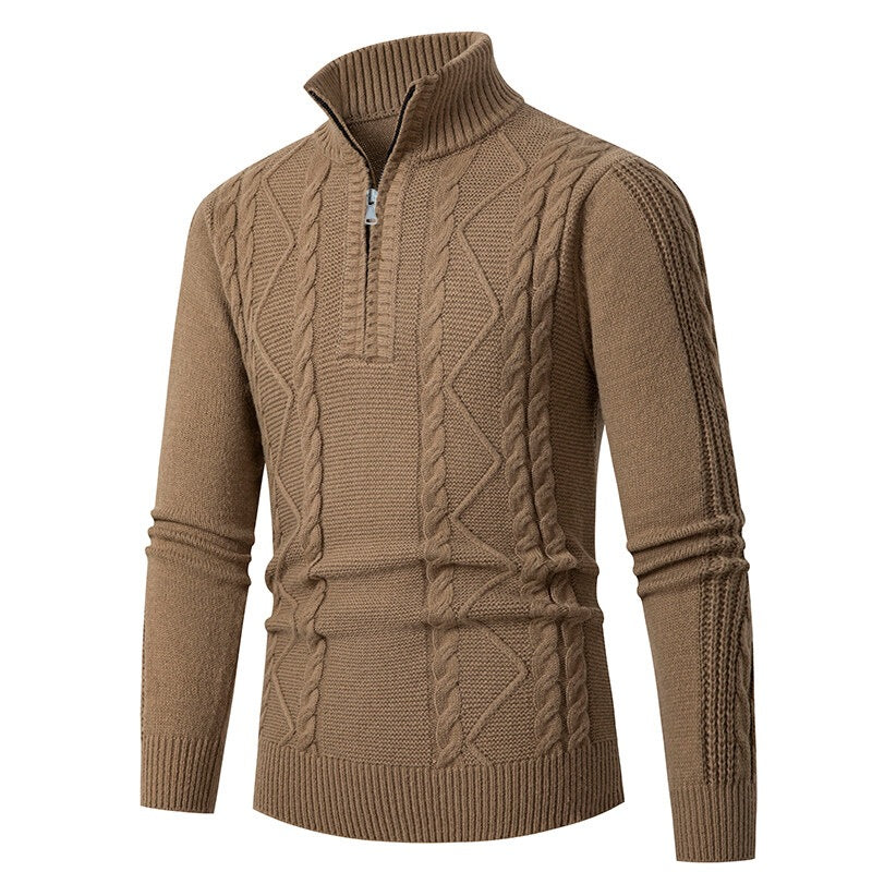 Men's Premium Cable Knit Half-Zip Pullover with High Collar and Texture Mix Chichicherry