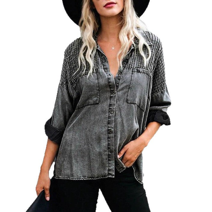Women's Oversized Denim Blouse with Quilted Yoke, Button Placket and Patch Chest Pockets Chichicherry