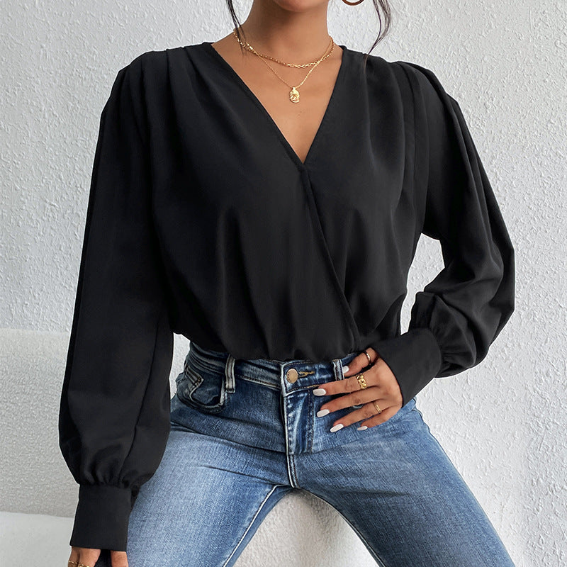 Women's Lightweight Wrap Blouse with V-Neck, Gathered Shoulders & Balloon Sleeves Chichicherry