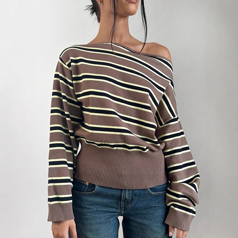 Women's fine knit boatneck pullover with asymmetrical shoulder drop, wide ribbed hem, and casual balloon sleeves Chichicherry