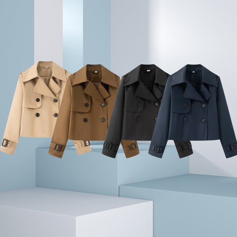 Women Cropped Double-breasted Trench Coat with Wide Lapels and Adjustable Cuffs Chichicherry