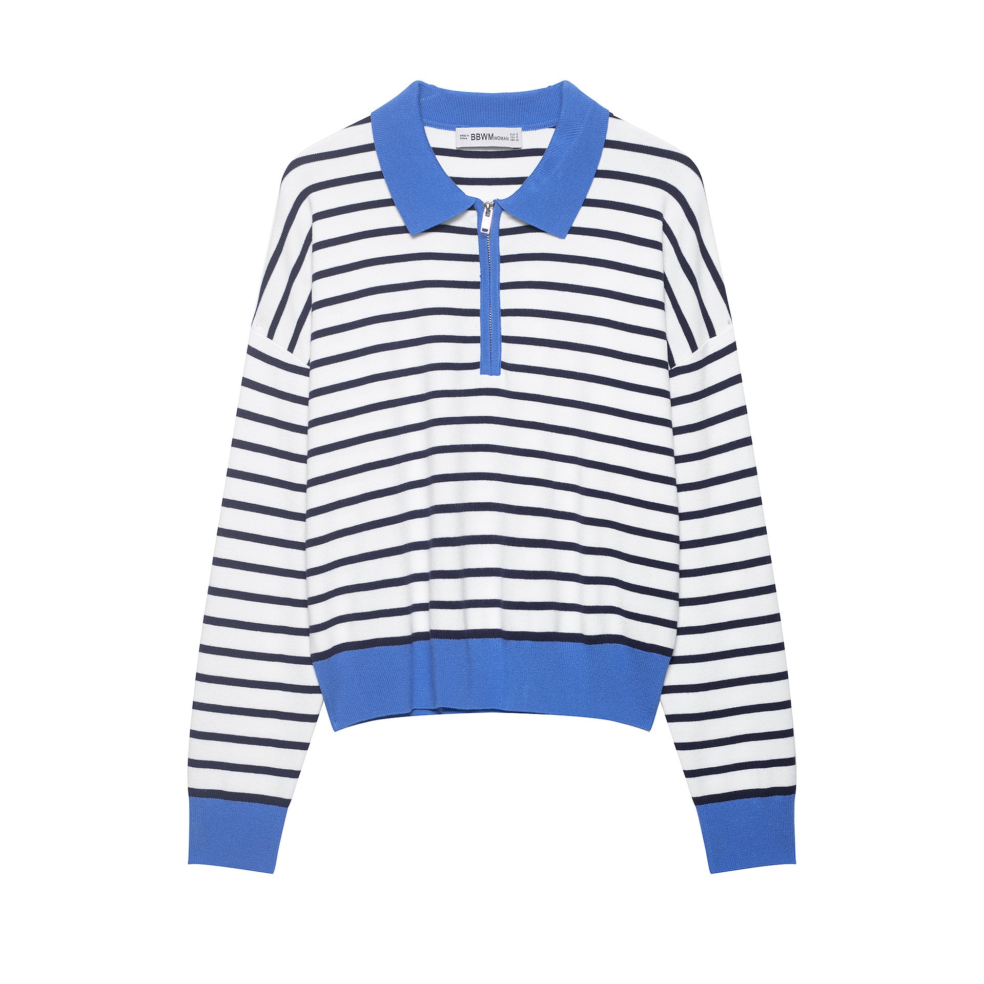 Women's Striped Cropped Knit Polo with Half Zipper and Wide Ribbed Cuff Chichicherry