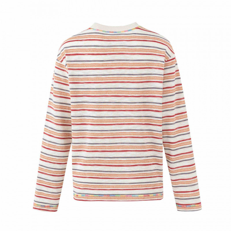 Unisex Oversize striped fine knit sweater with round neck and textured weave look Chichicherry