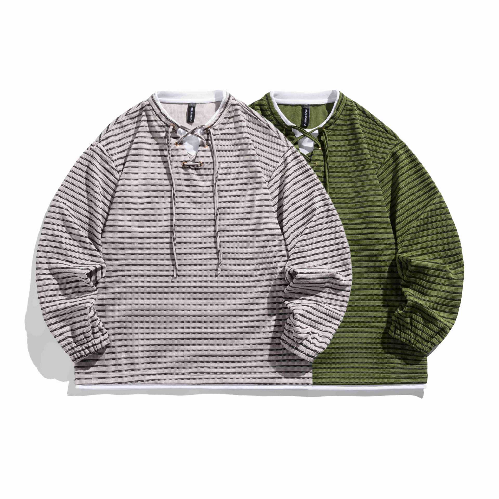 Unisex Striped Waffle Knit Pullover with Lace-up Closure and Raglan Sleeves Chichicherry