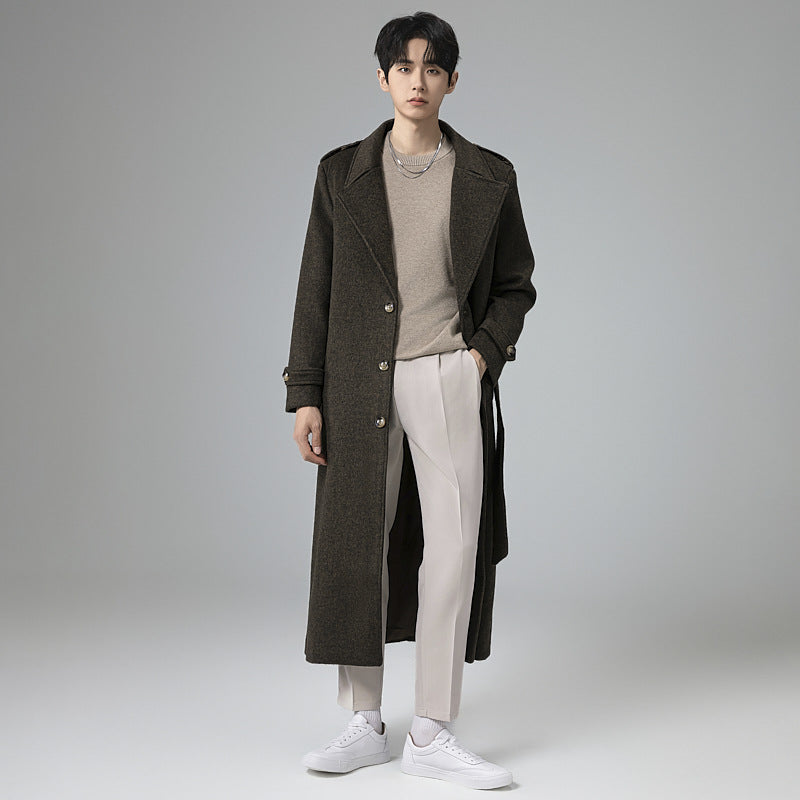 Men's maxi-length wool blend coat with tailored silhouette, shawl collar, and decorative shoulder straps Chichicherry