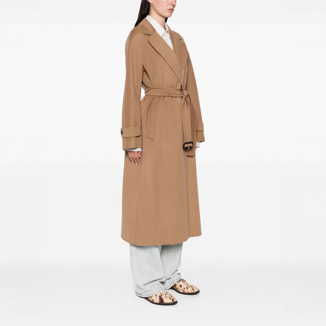 Women’s wrap coat made of wool blend with waist belt and oversized shoulder Chichicherry