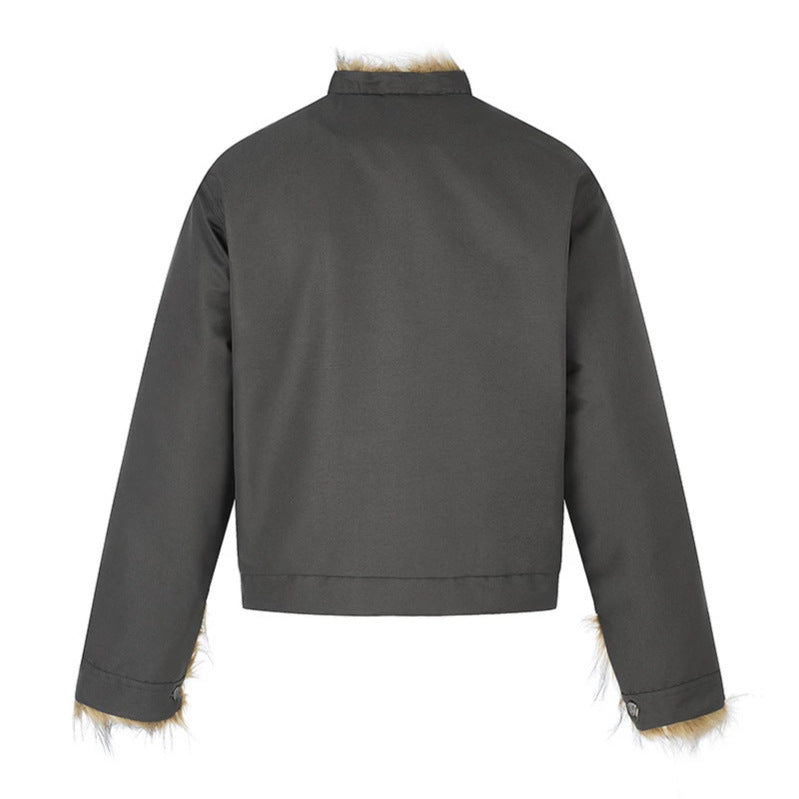 Women's Short Jacket with Faux Fur Lining, Stand-Up Collar and Concealed Button Placket Chichicherry