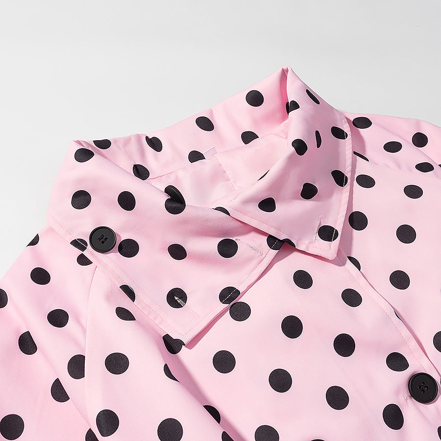 Women's Polka Dot Trench Coat Style with Tie Belt and Balloon Sleeves Chichicherry