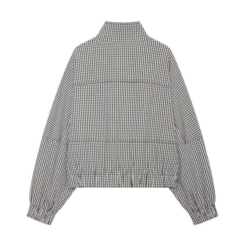 Women Cropped Boxy Jacket in Vichy Check with Stand Collar and Two-Way Zipper Chichicherry