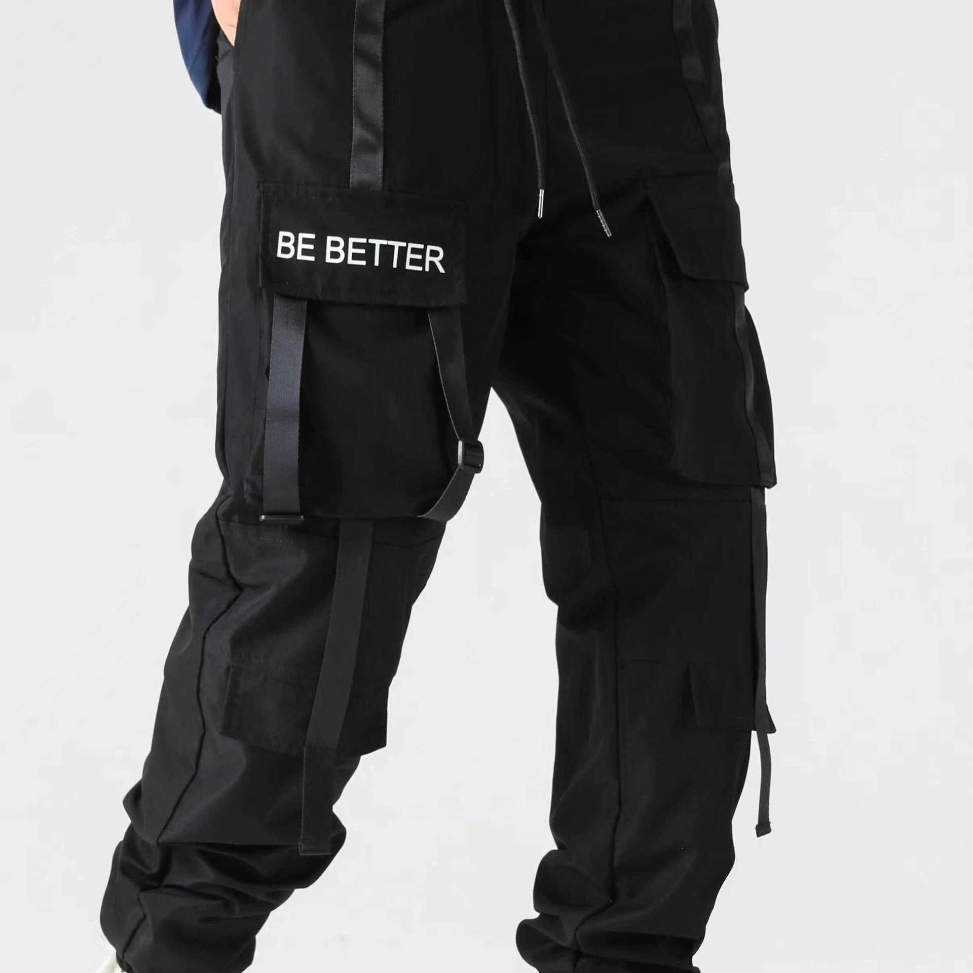 Men's utility cargo jogger pants with multiple pockets, decorative belts & drawstring waistband Chichicherry