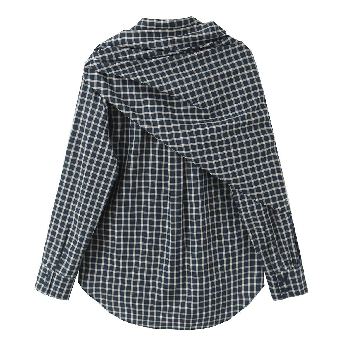 Women Checked Blouse Shirt with Asymmetrical Scarf Detail Chichicherry