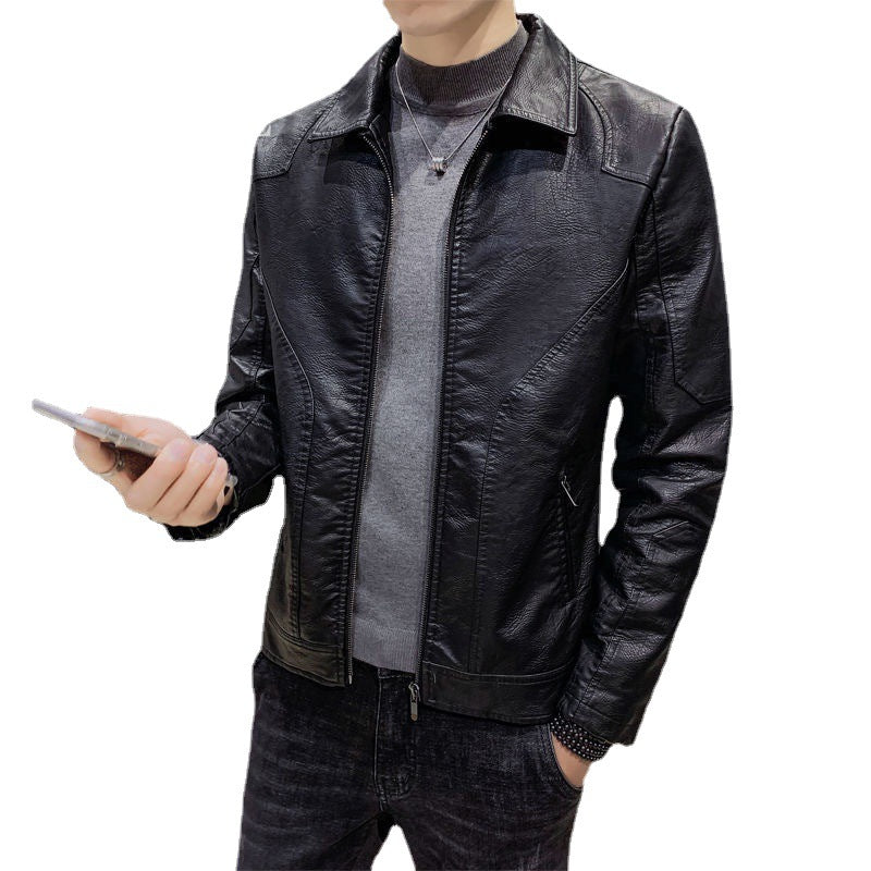 Men's Minimalistic Leather Effect Zip Blouson with Ergonomic Seam Lines and Shirt Collar Chichicherry