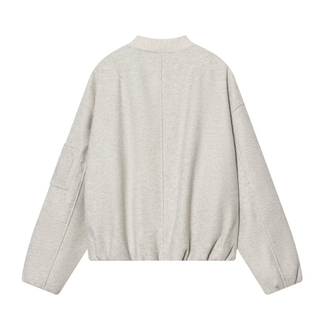Women's Wool Blend Bomber Jacket in Oversized Boxy Cut with Zipper and Arm Pocket Chichicherry