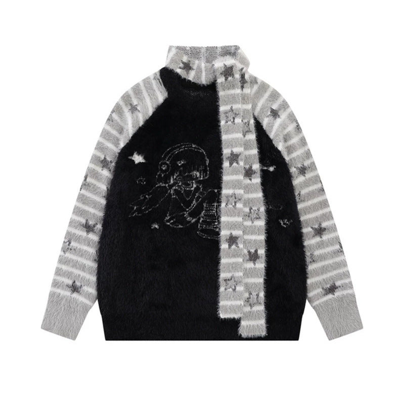 Women Soft Fluffy Knit Sweater with Integrated Tube Scarf and Manga Illustration Chichicherry