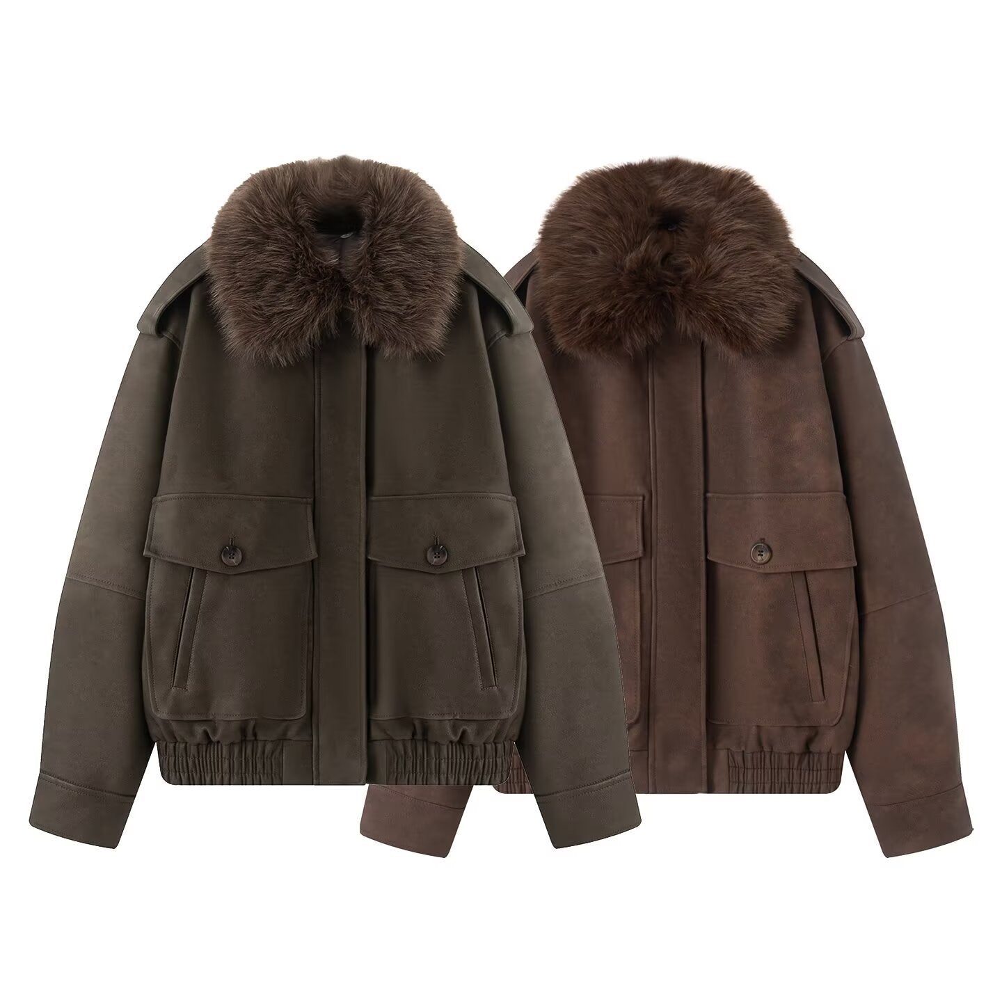 Women short-cut bomber jacket with voluminous faux fur collar and applied flap pockets Chichicherry