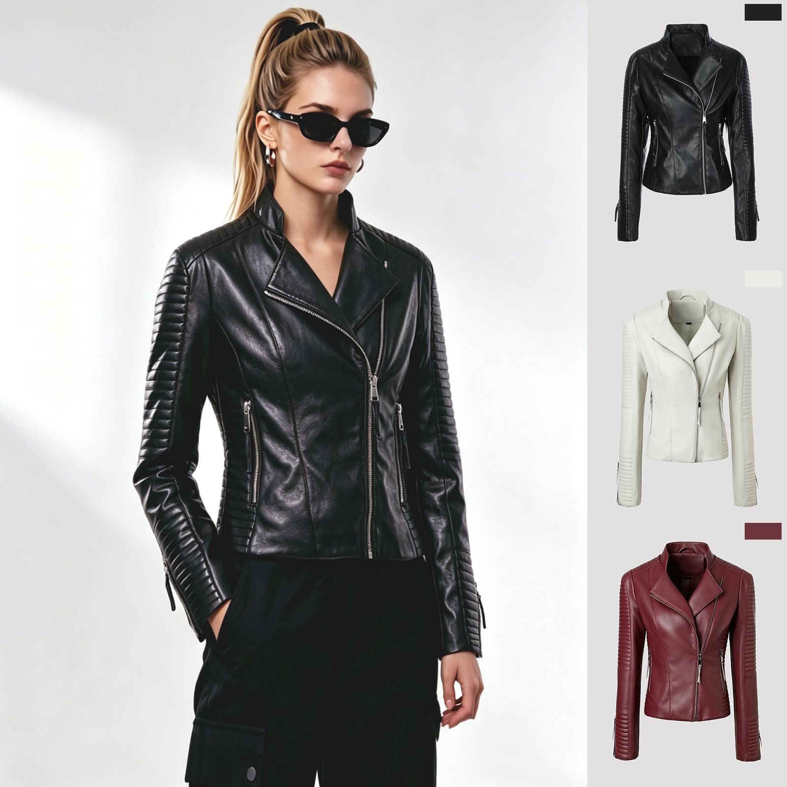 Women's Slim Fit Biker Jacket with Quilted Sleeve and Shoulder Area Chichicherry