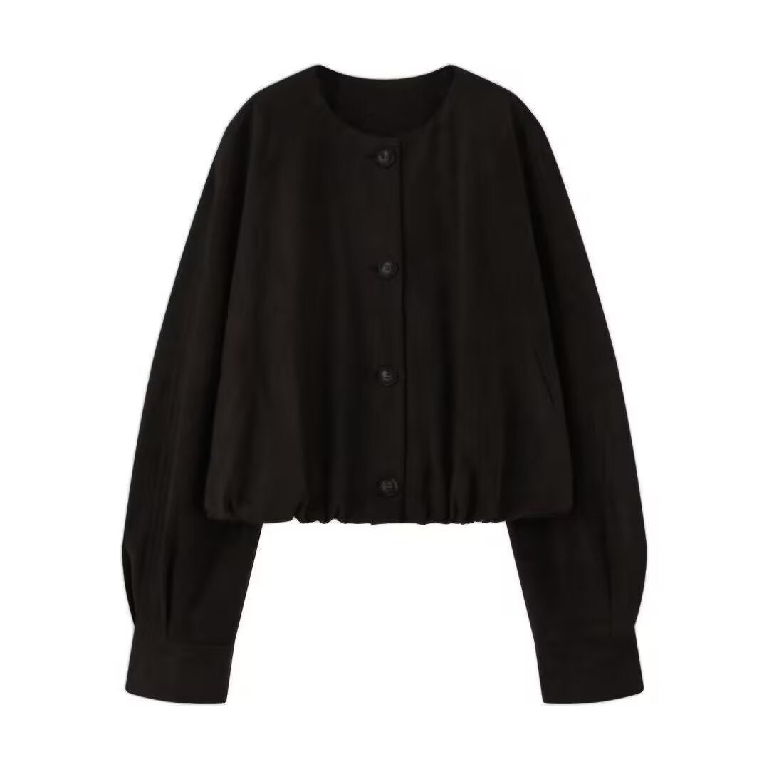 Women Short Blouson Jacket in Cropped Look with Round Neckline and Balloon Sleeves Chichicherry