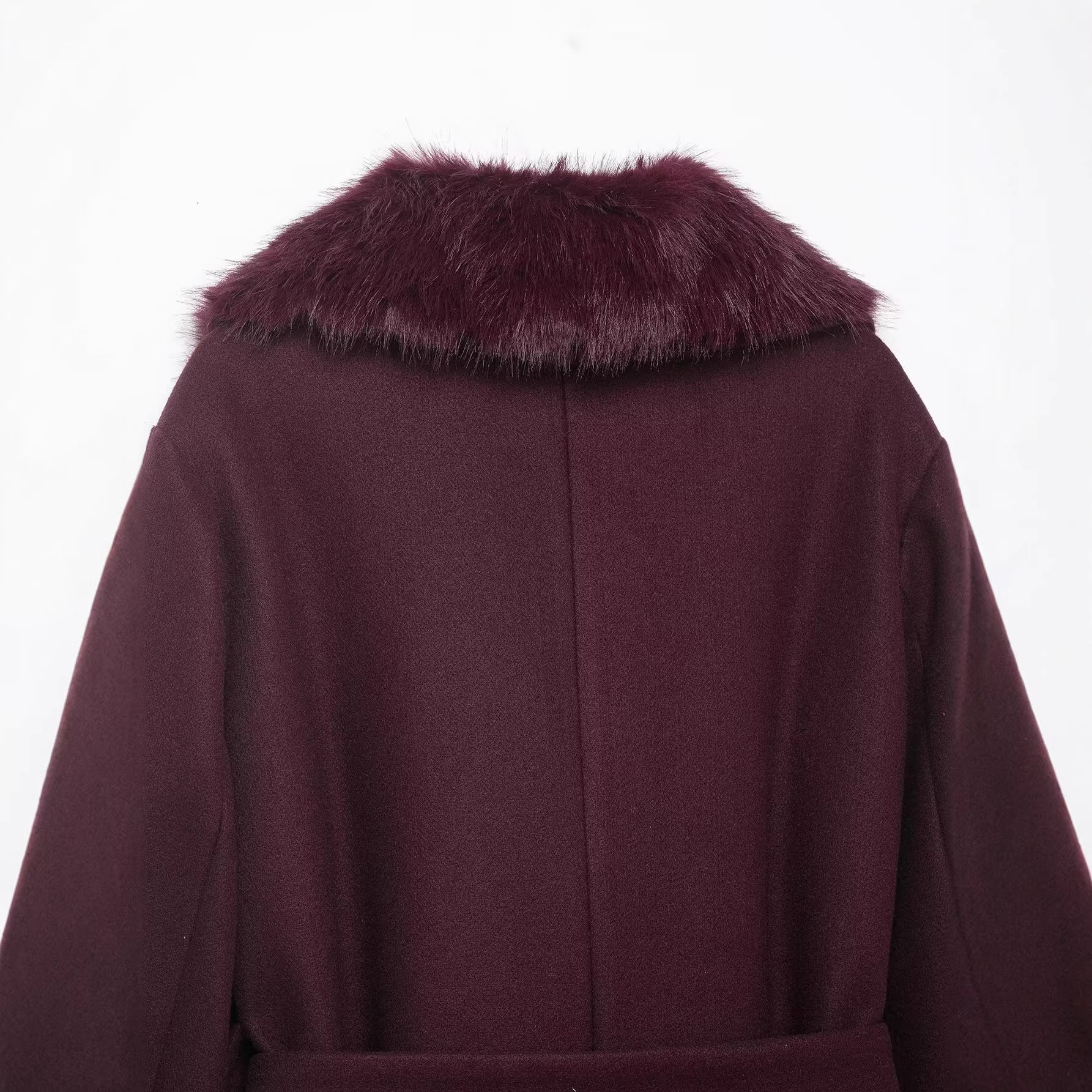 Women’s Long Wool Coat with Large Faux Fur Shawl Collar and Waist Belt Chichicherry