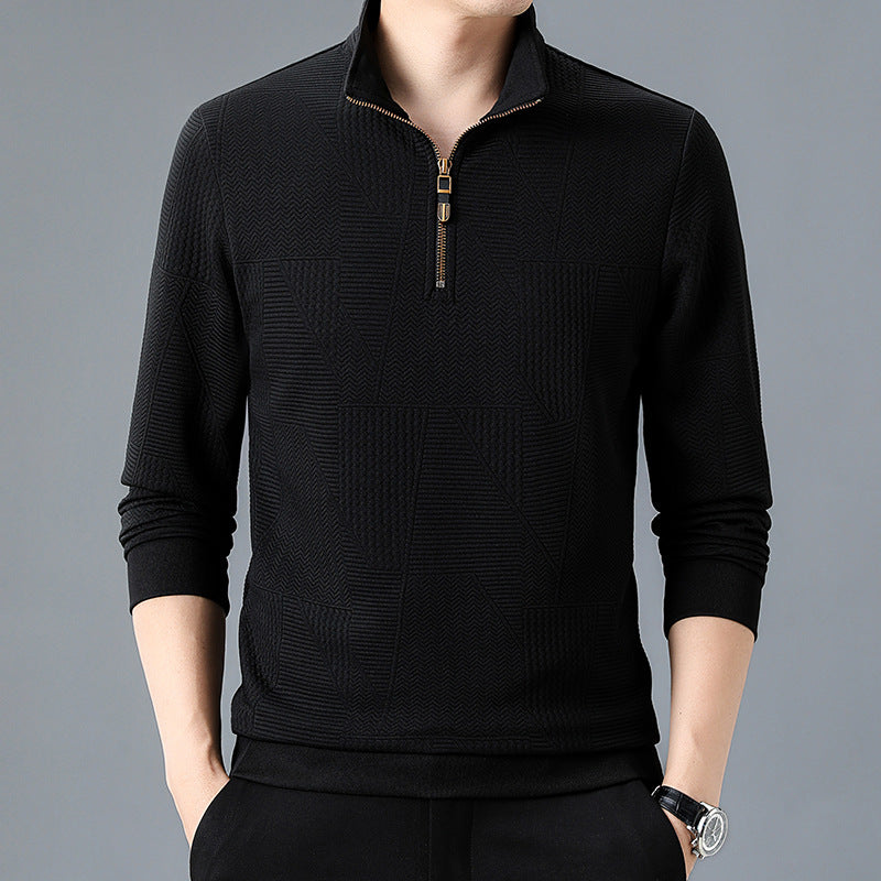 Men's Structured Pullover with Half Zipper High Stand Collar and Geometric Relief Structure Chichicherry