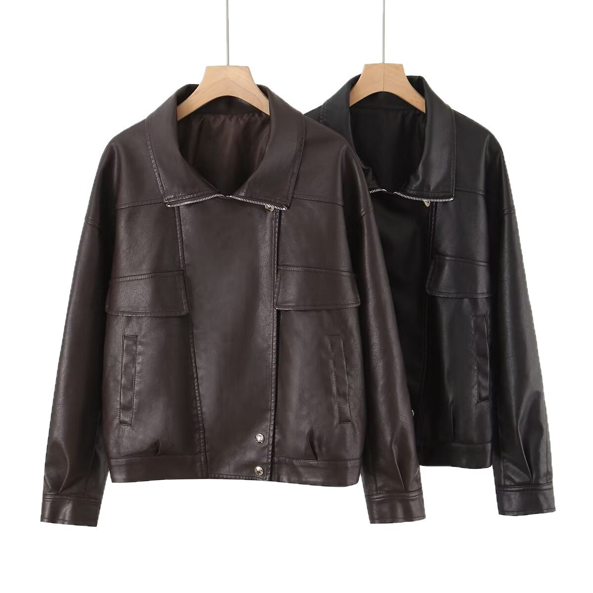 Women Oversized Faux Leather Bomber Jacket with Flap Pockets and Asymmetrical Zipper Chichicherry