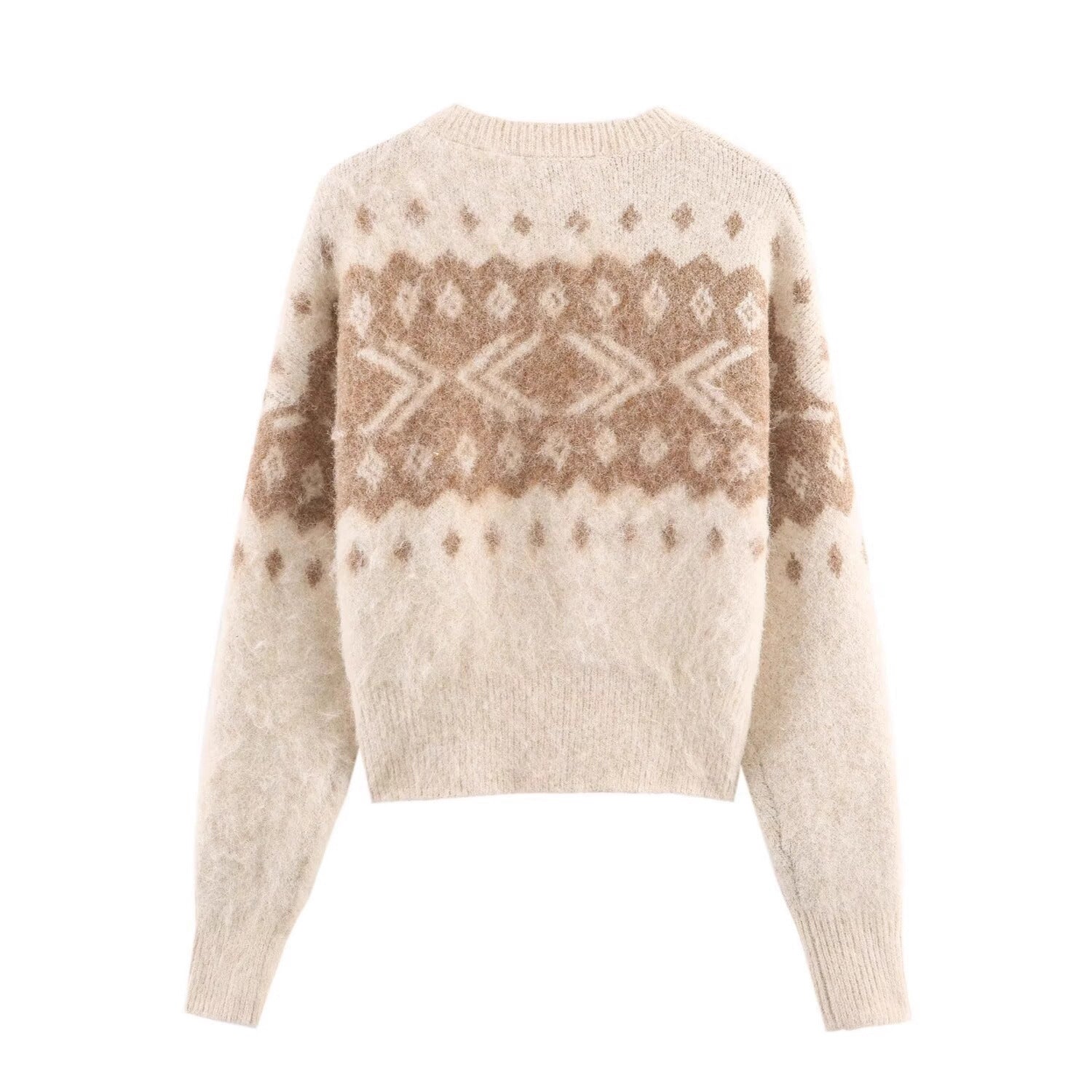 Women's Fluffy Knitted Sweater with Norwegian Pattern and Boxy Fit Chichicherry