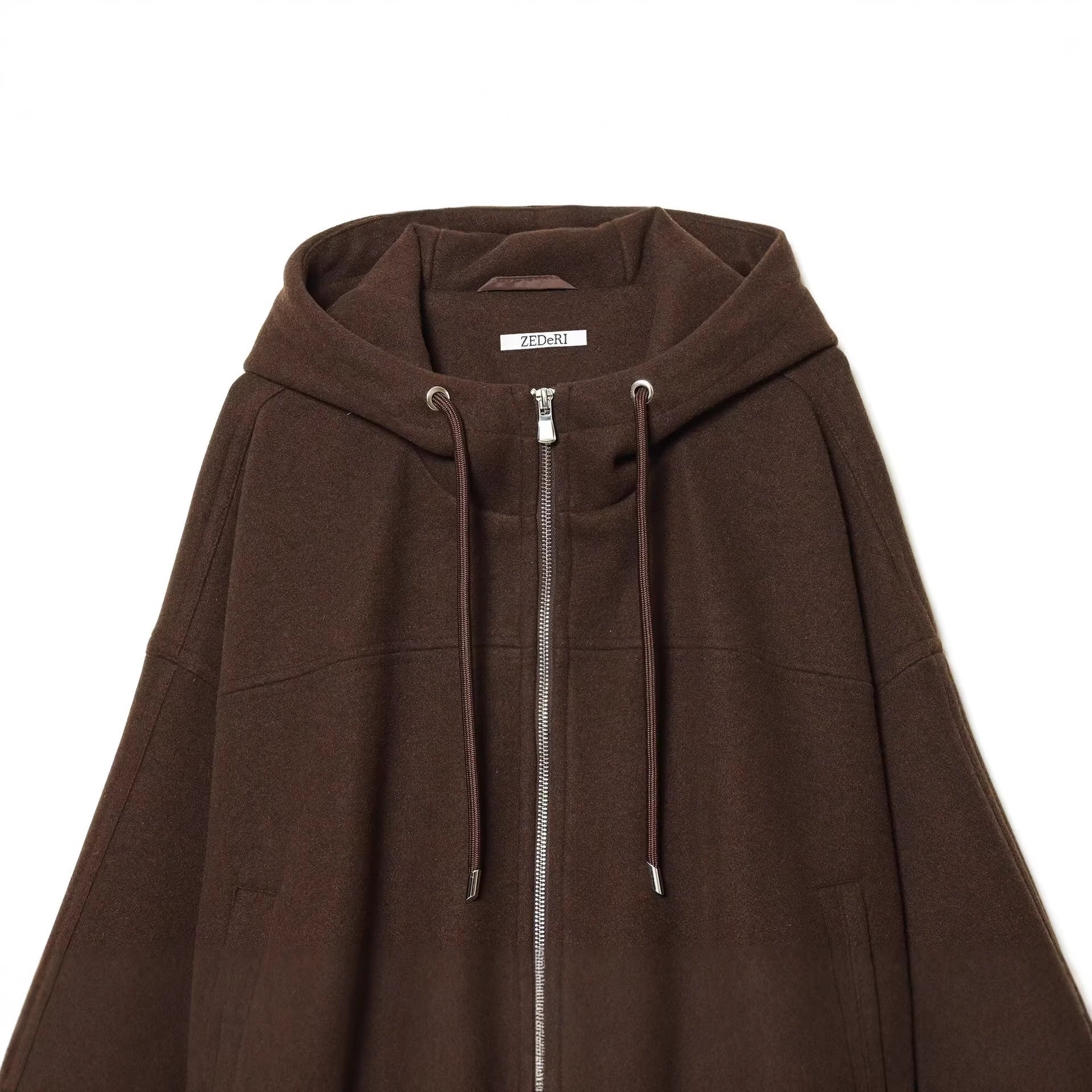 Women Oversize Wool Blend Hoodie with Zip and Drawstring Chichicherry