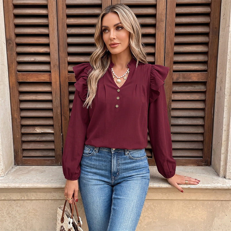 Women's Romantic Ruffled Blouse with Stand Collar, V-Neck and Balloon Sleeves Chichicherry